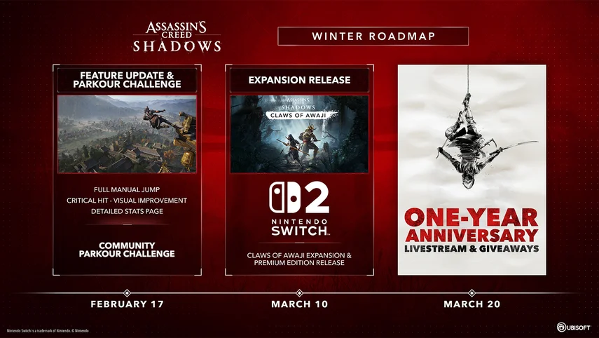Ubisoft divulga Winter Roadmap de Assassin’s Creed Shadows com desafio de parkour e data da expansão para Switch 2