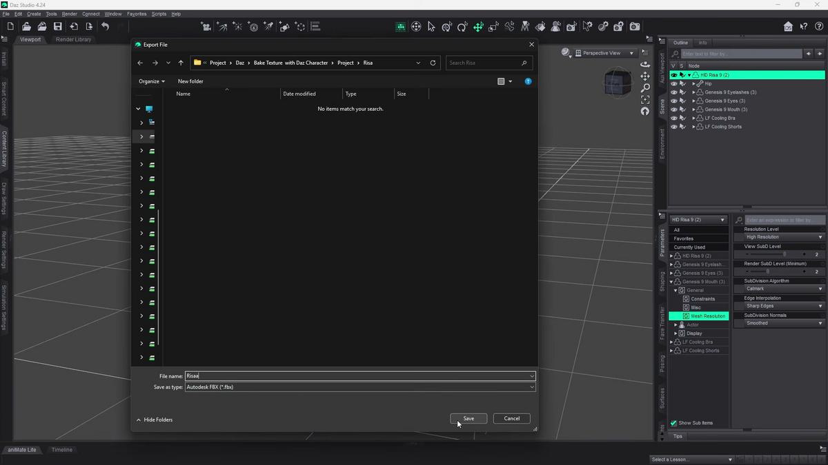 Exportacao FBX no Daz com opcoes de embed textures desmarcado para transferir para o Character Creator