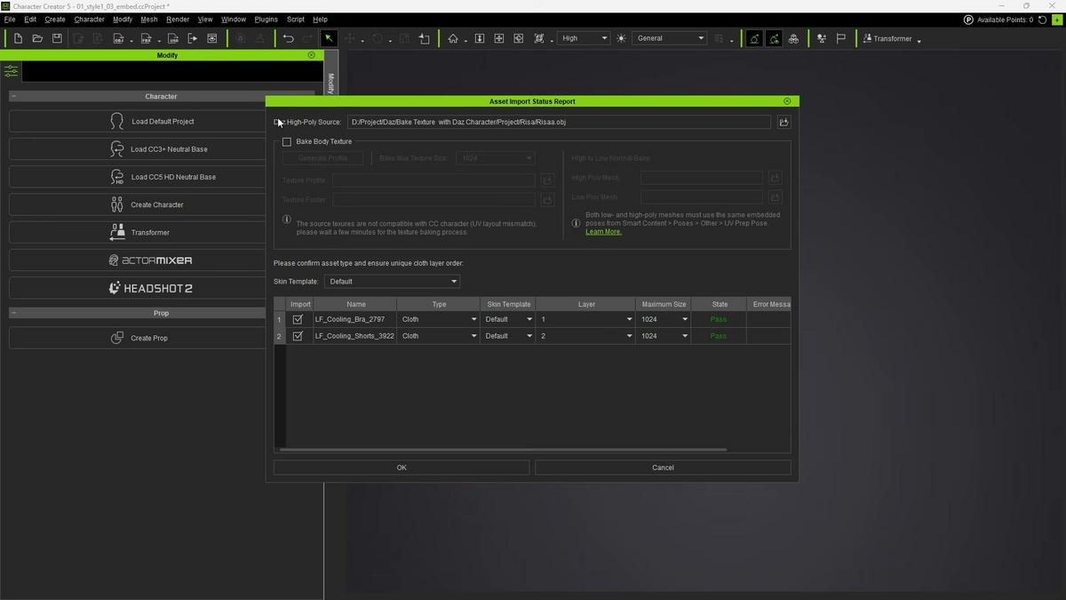 Tela de importacao do Transformer no CC5 com selecao do OBJ para trazer subdivisao e opcoes de bake body texture