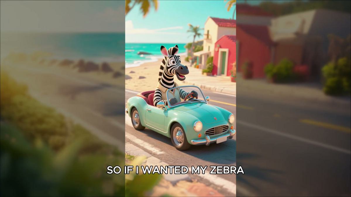 Ajustes na imagem: zebra com polo preta e oculos, carro laranja e prancha no banco