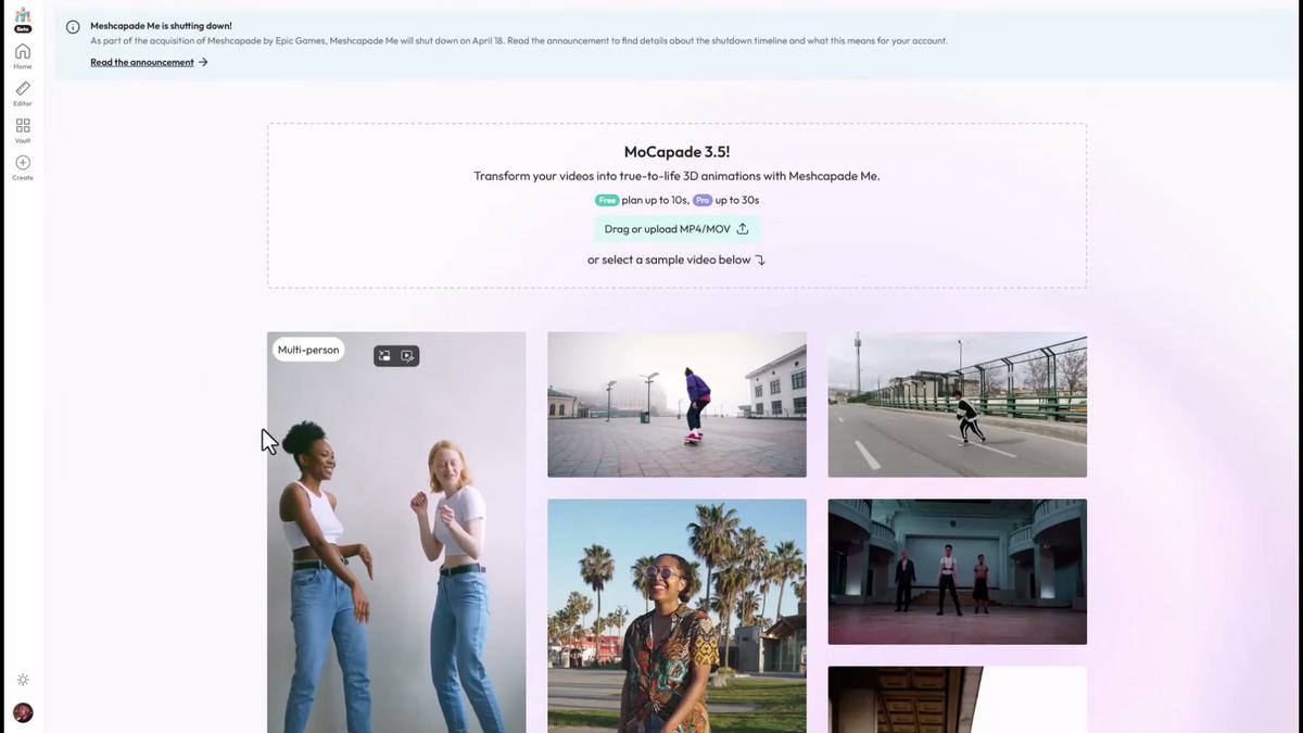 Demonstração do fluxo: enviar um video ou usar um sample para gerar avatar e mocap.