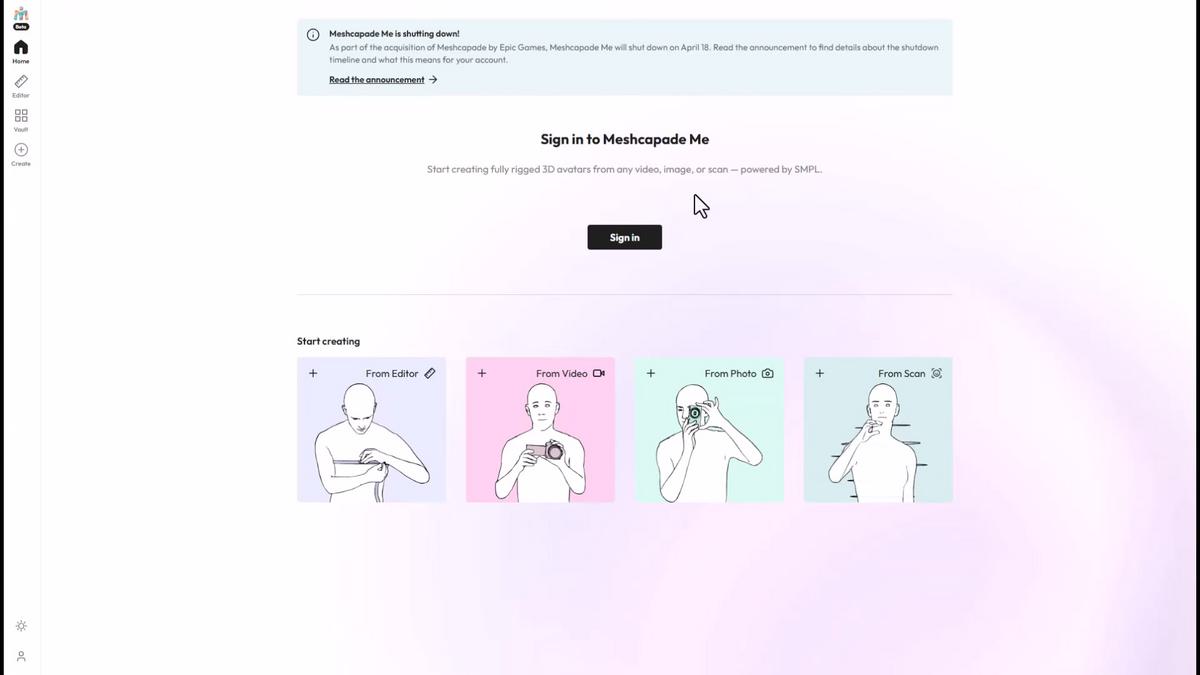 Página do site com aviso de encerramento da Meshcapade e orientação para salvar projetos.