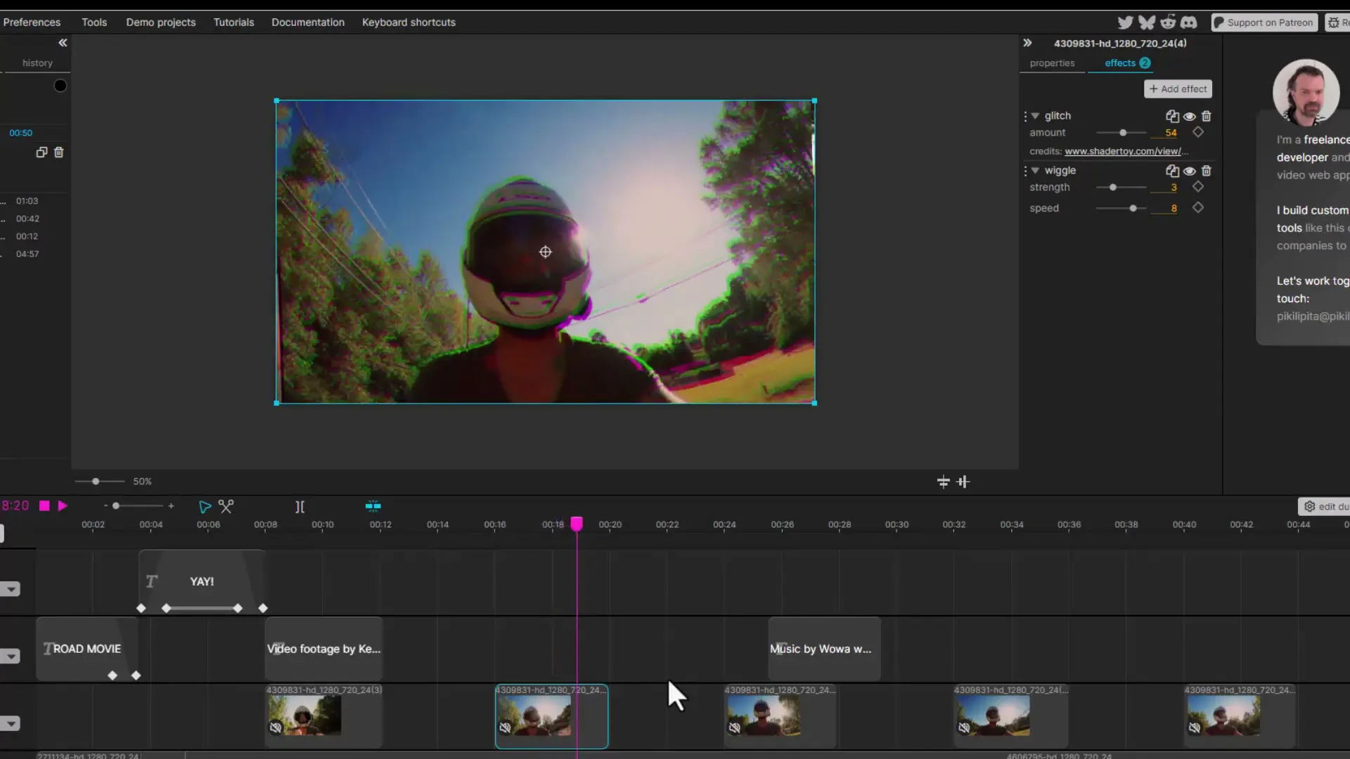 Interface do editor com timeline embaixo, canvas ao centro e paineis de propriedades e efeitos.
