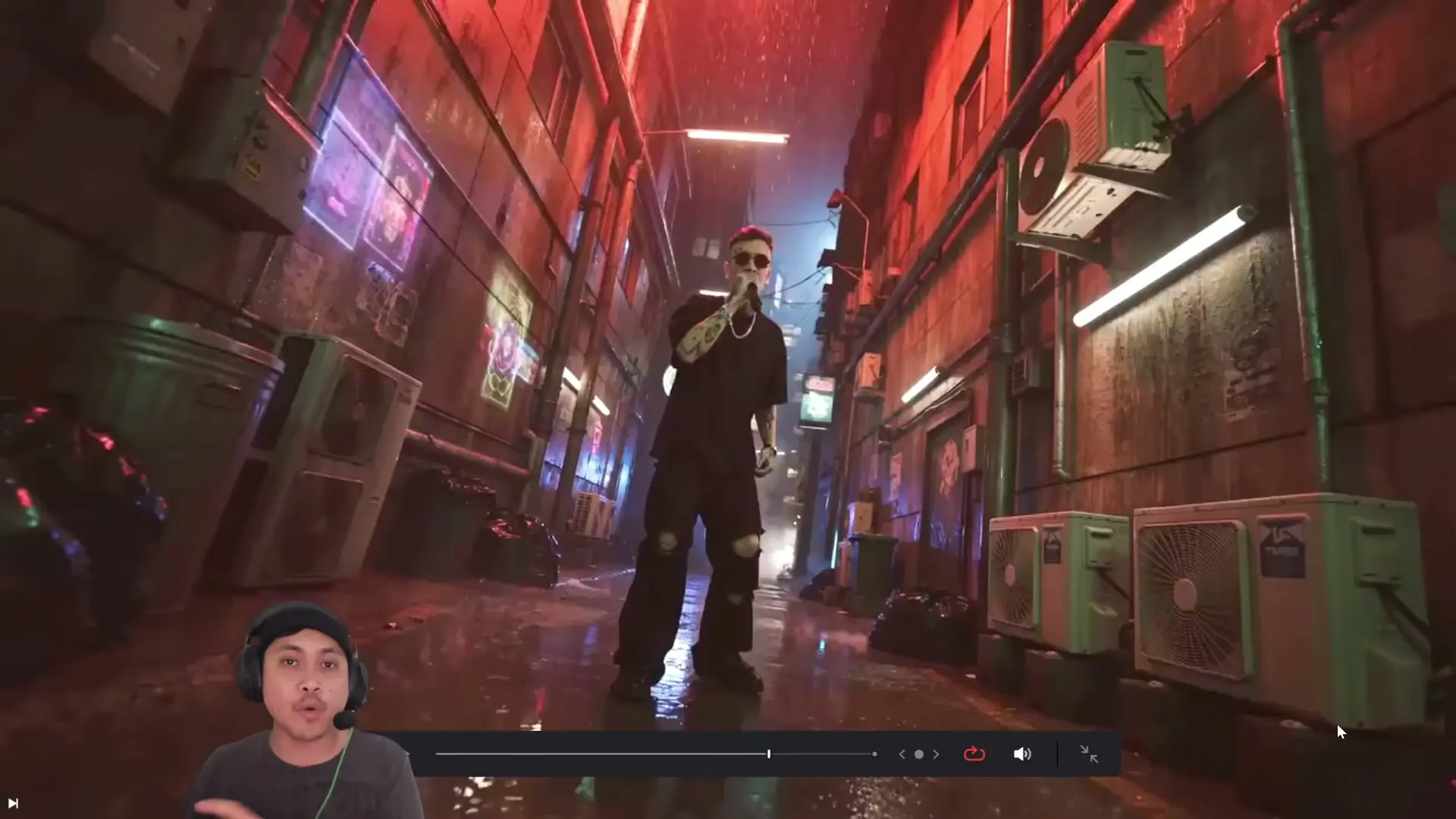 Demonstracao sem audio: prompt descreve um rapper em um beco cyberpunk e a IA gera performance