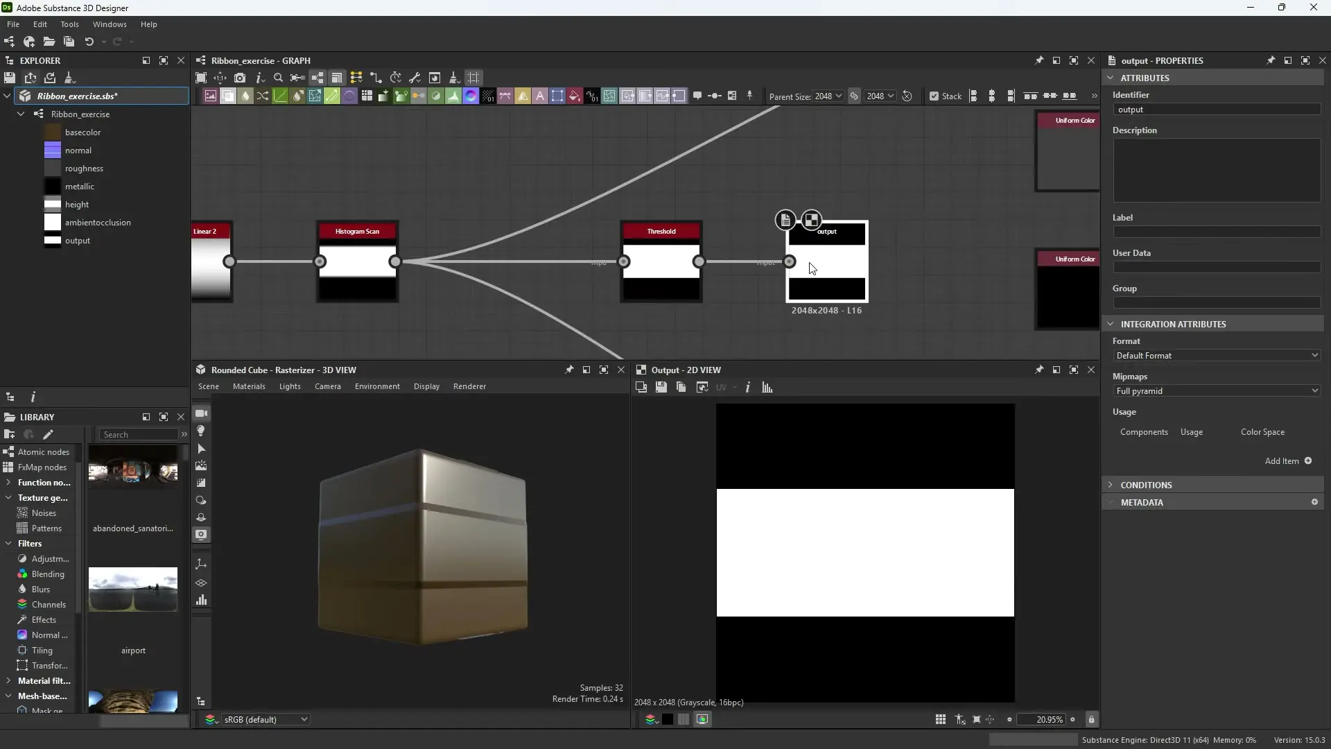 Substance Designer exibindo um output de máscara com identifier configurado como channels_alpha.