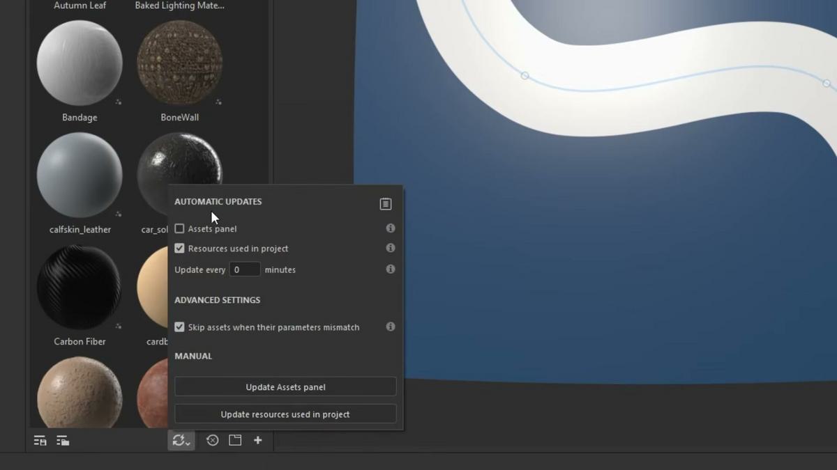 Painel de assets do Painter com auto-update ativado e opcao resources used in project marcada