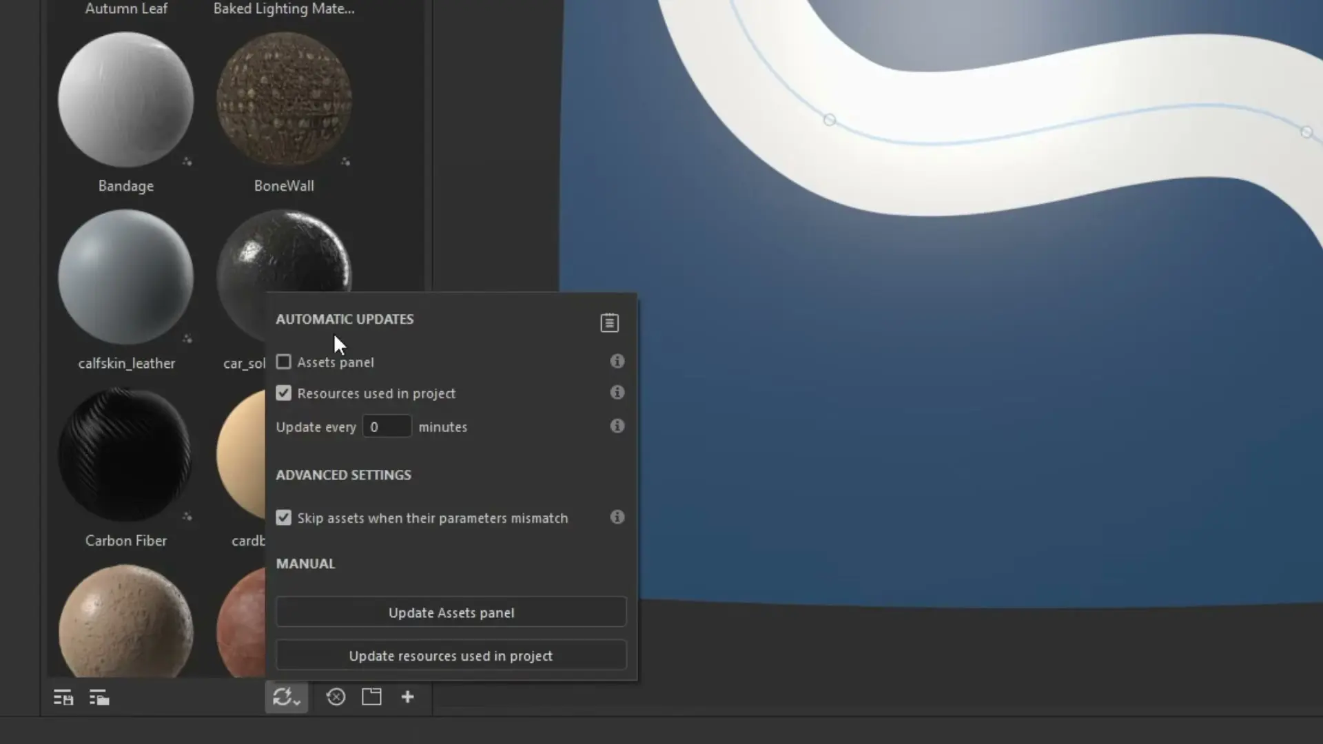 Painel de Assets no Substance Painter com auto-update ativado para recursos usados no projeto.