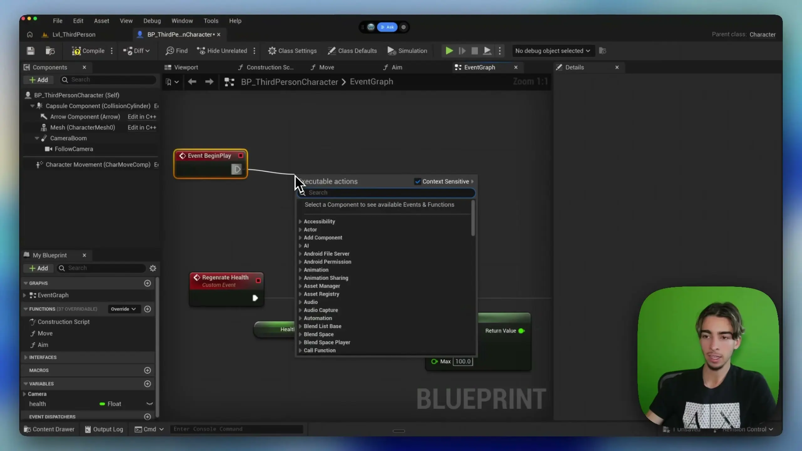 Blueprint com Begin Play e Set Timer by Event para regeneracao de vida sem usar Event Tick