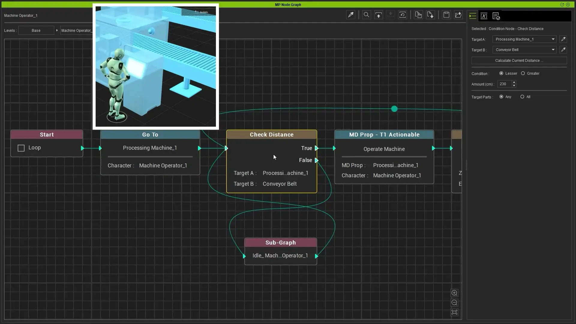 Painel de atributos mostrando o node Check Distance com alvos A e B e limite em cm