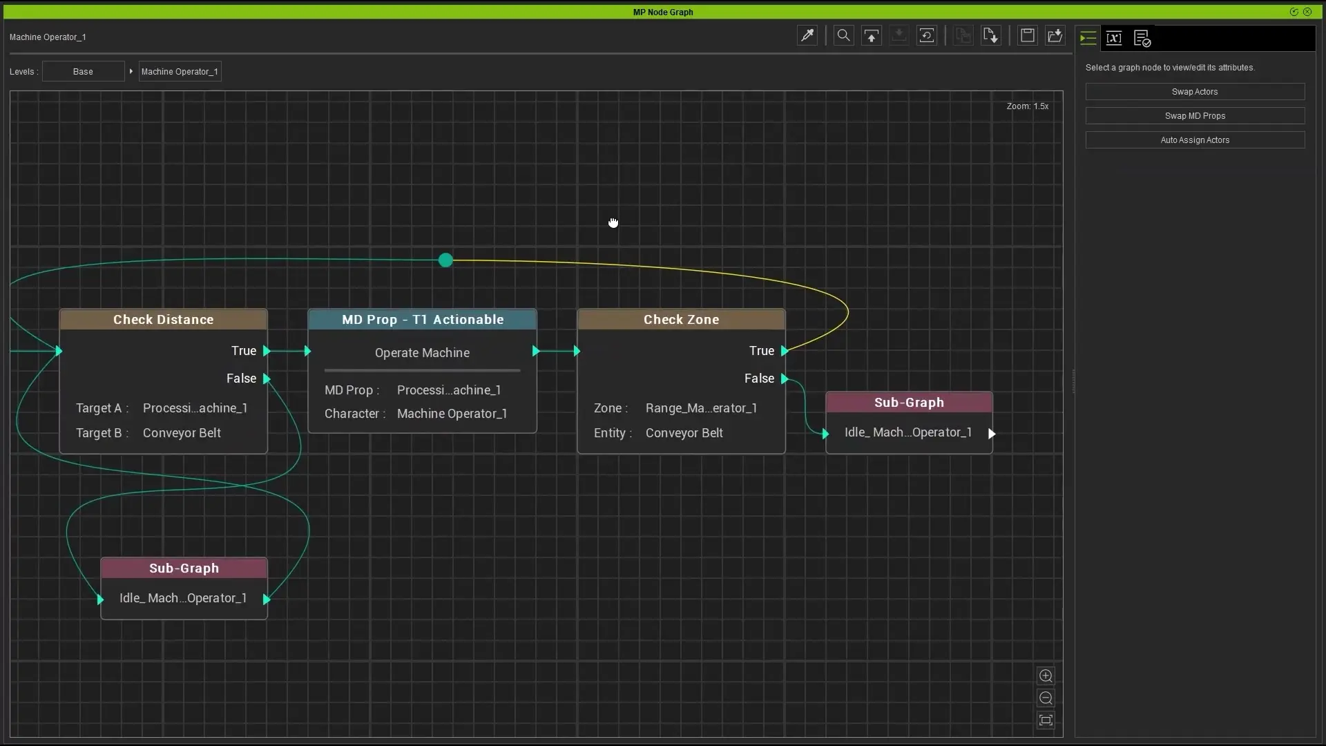 Node Check Zone selecionado no graph com zona definida e entidade como conveyor belt