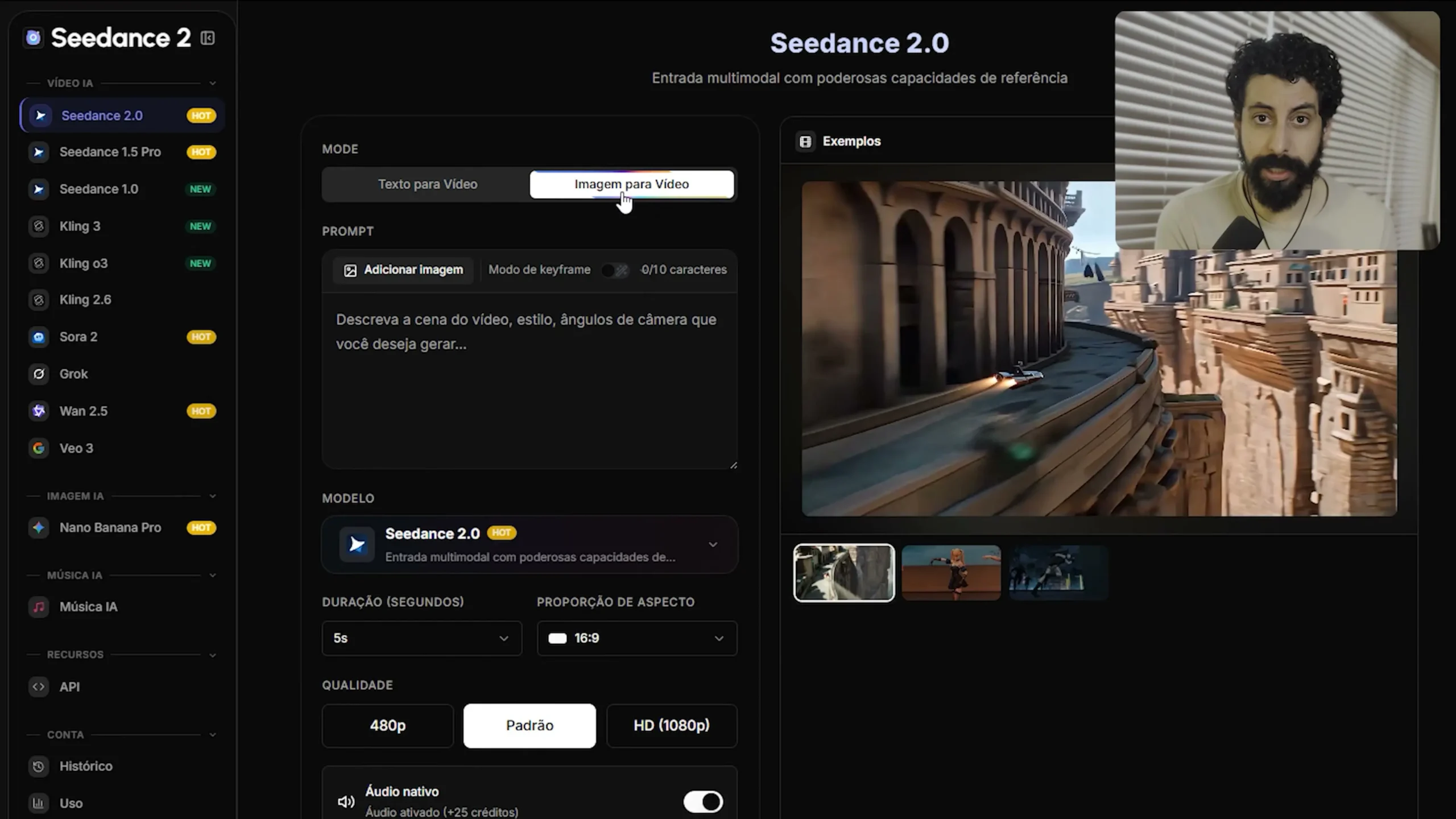 Explicacao sobre usar prompts e varias imagens de referencia para manter consistencia de personagens ao longo do video.