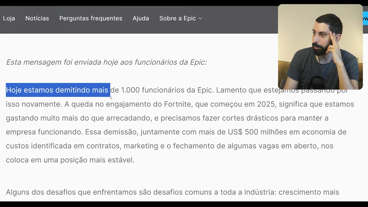 Leitura de carta interna mencionando mais de 1000 desligamentos e justificativa ligada a queda de engajamento do Fortnite