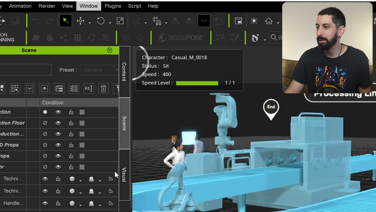Simulacao da fabrica em execucao com camera estilo flycam e navegacao WASD