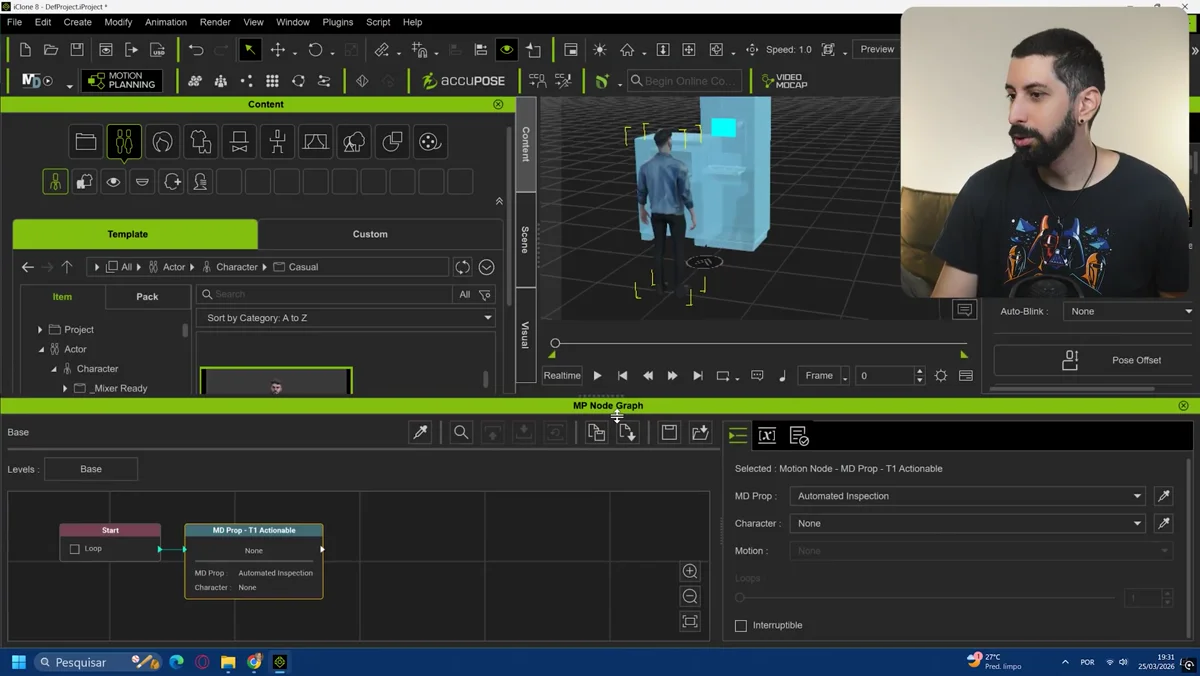Personagem selecionado no Node Graph com tipos de operacao e inicio do Motion Director