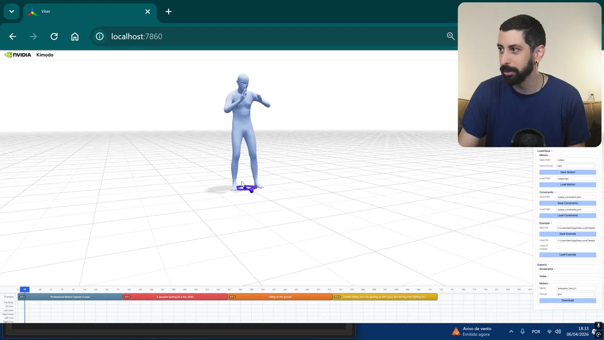 Demonstração de testes com pose inicial, movimento de busca e animacao de zumbi caindo e levantando