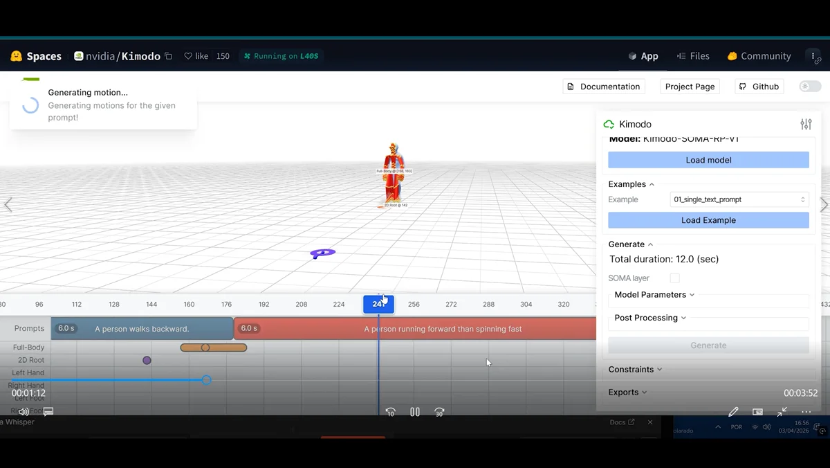 Geracao rapida de animacao por prompt com corrida e mudanca brusca de direcao exibida no viewport