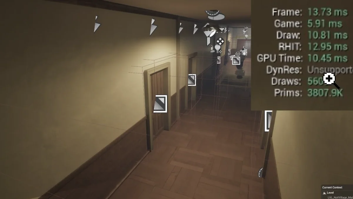 Comparativo de metricas mostrando frame time antigo 13.73 ms e novo 12.03 ms apos reduzir paredes
