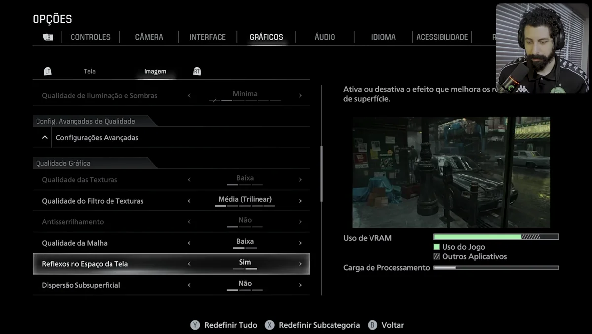 Ajustes de reflexos em screen space, profundidade de campo e parametros de iluminacao durante comparacao grafica