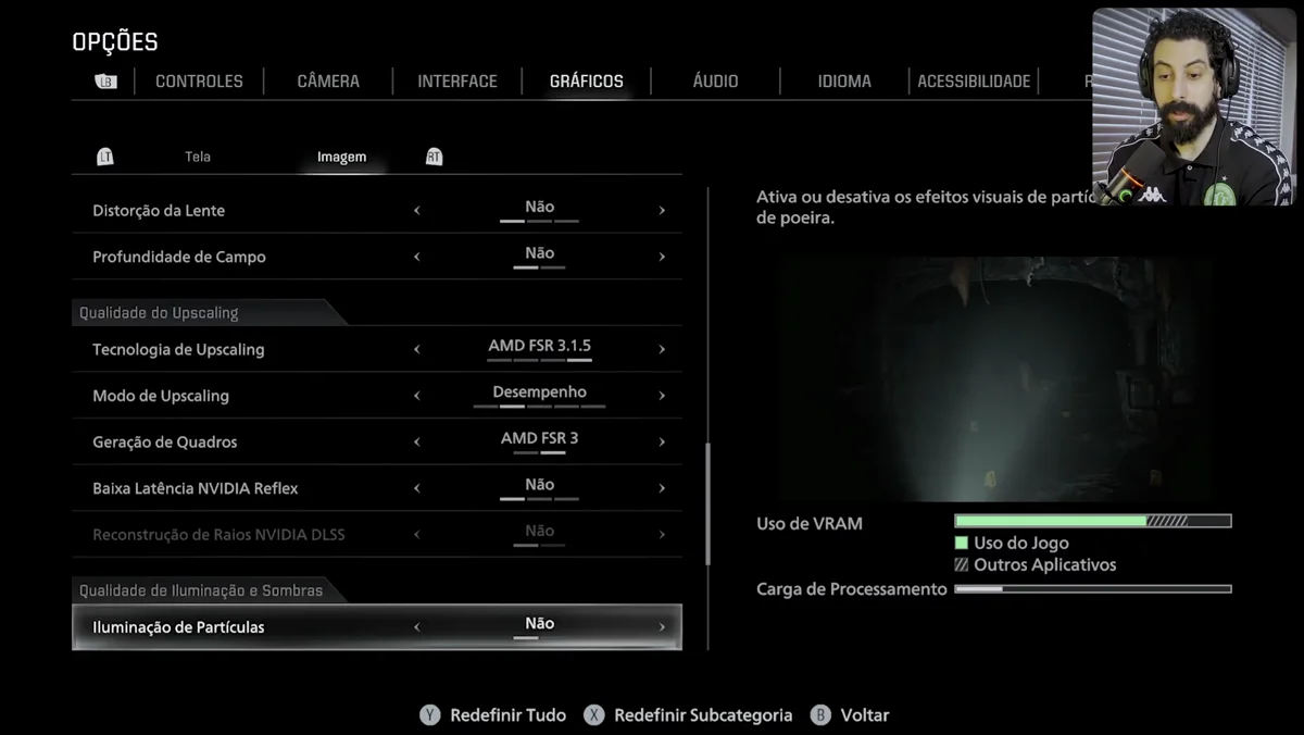 Configuracao tecnica em notebook com RTX 3050 e uso de AMD FSR 3 para desempenho em Resident Evil Reen