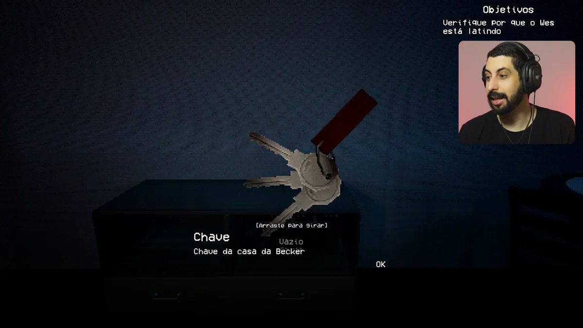 Tela de item com chave coletada, exibindo visualizacao 3D para rotacao e inspecao