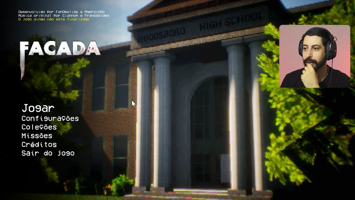 Menu principal completo do fan game inspirado em Scream, com opções de configuracao e creditos