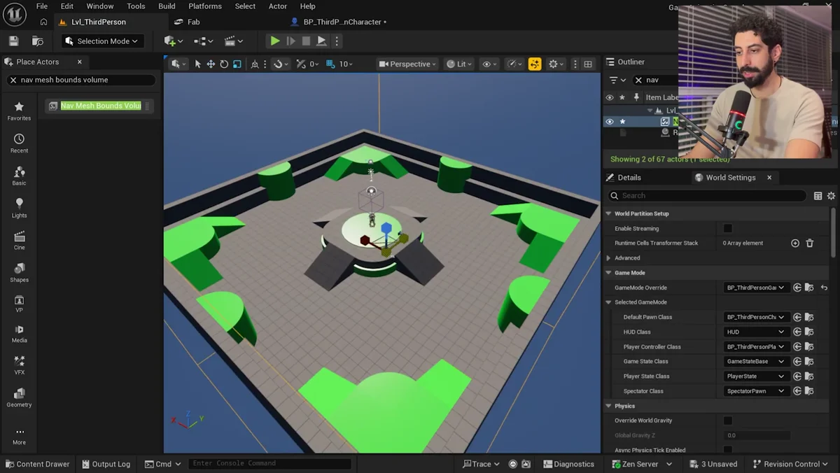 Demonstracao de NavMesh em verde e logica de IA com Blueprints no Unreal Engine