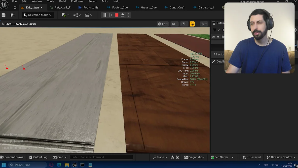 Depuracao de line trace com marcadores vermelhos nos passos para identificar impacto e material fisico