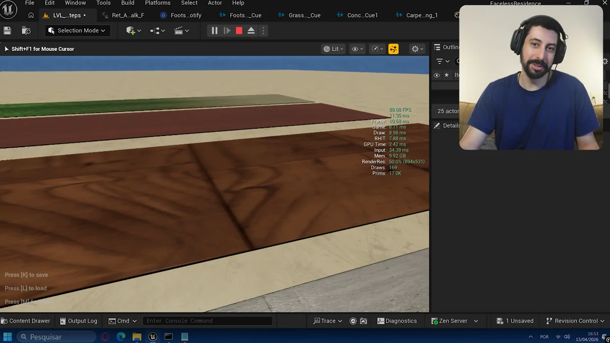 Demonstracao de passos com variacao de som ao caminhar sobre concreto madeira carpete e grama