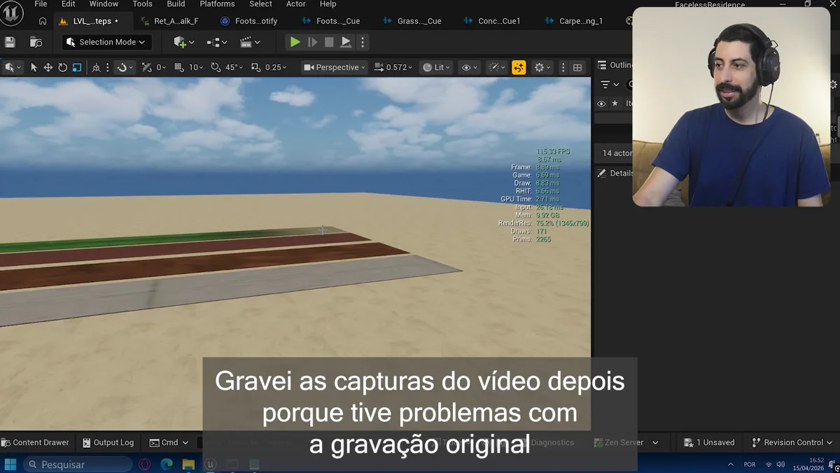 Unreal Engine 5 em modo de jogo com personagem em terceira pessoa para testes de movimentacao