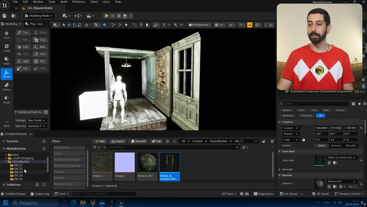 Cena no Unreal Engine com corredor prototipado e objetos 3D importados em baixa resolucao