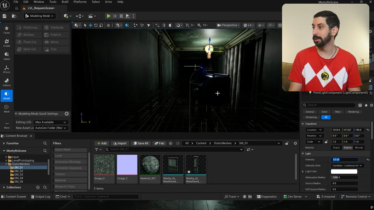 Ajuste de intensidade de luz e troca de material da cortina no Unreal Engine