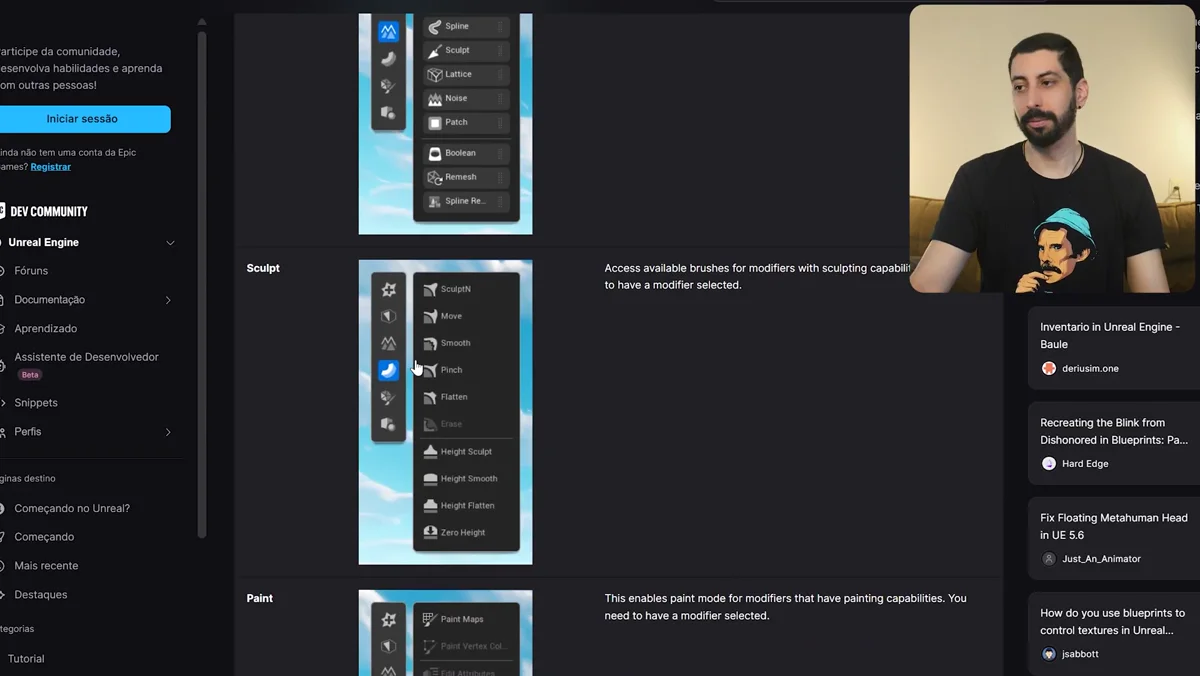 Ferramentas de escultura e deformacao no terreno em malha com modos de suavizacao achatamento e picos