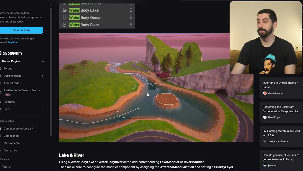 Integracao do terreno em malha com sistema de agua do Unreal e configuracao de camadas e transicoes