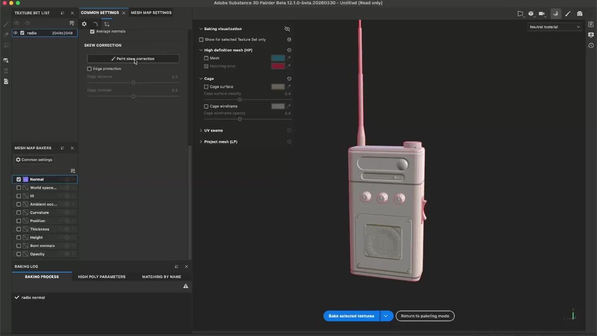 Interface do Skew correction com pintura de correcoes e vetores vermelhos e verdes indicando direcoes do bake.