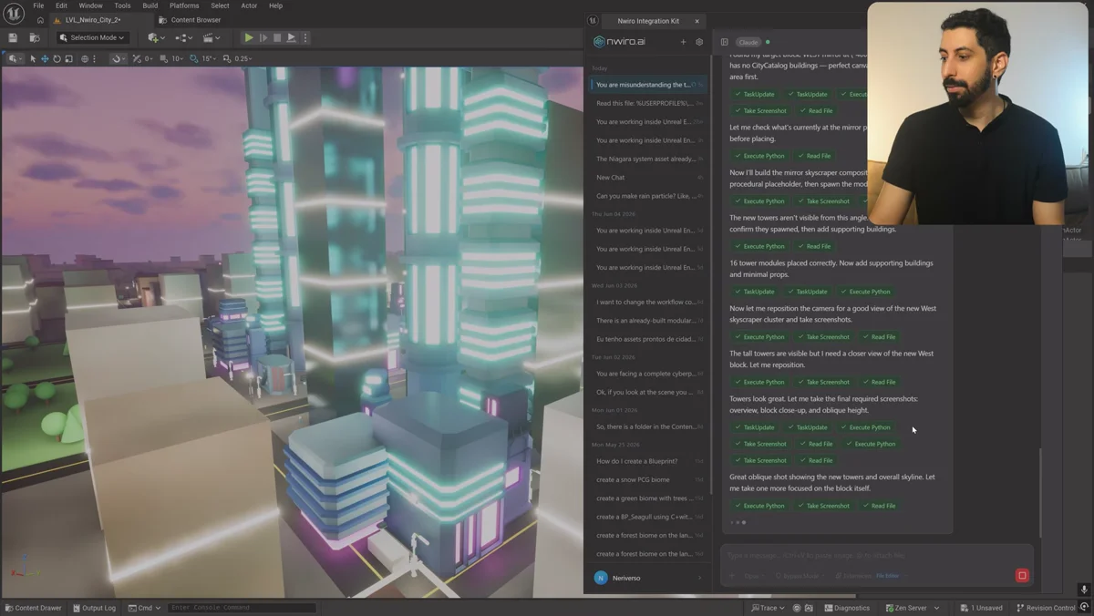 Cenário urbano no Unreal Engine durante a organização de assets por inteligência artificial
