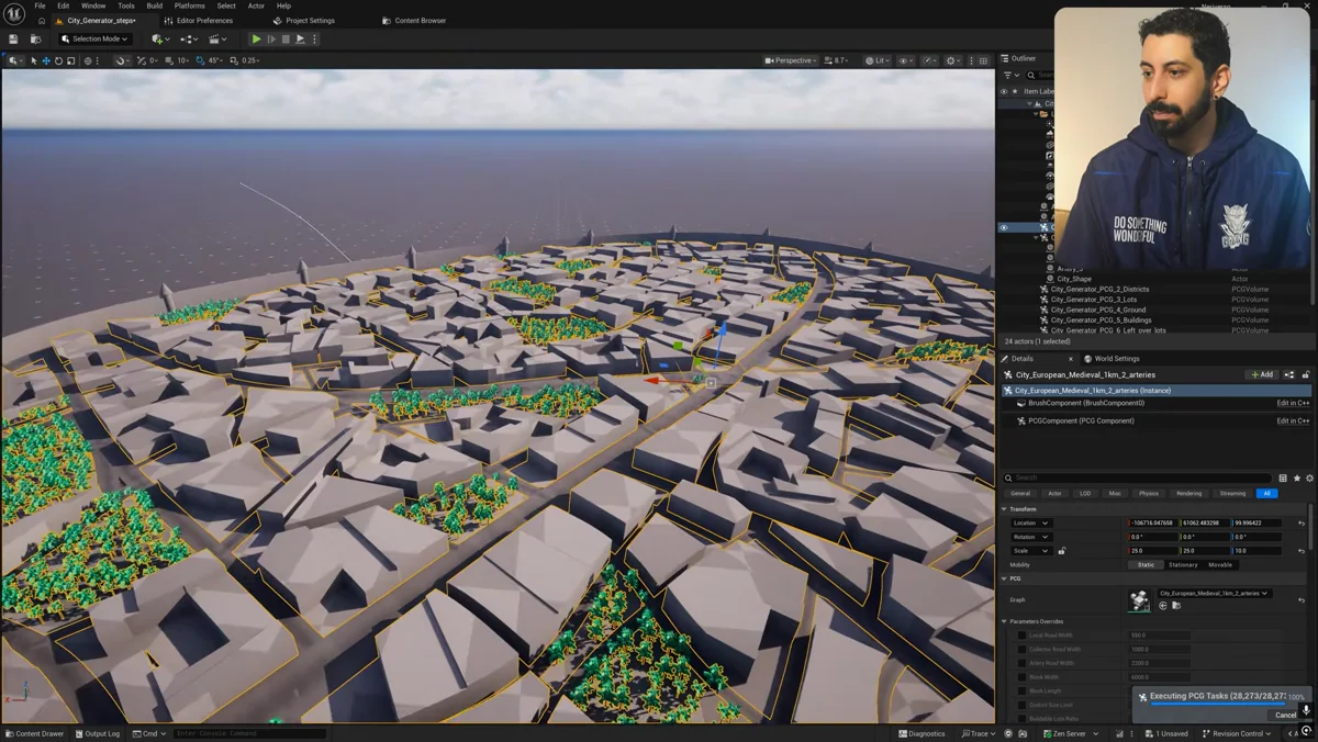 Cidade medieval gerada por PCG na Unreal Engine 5.8