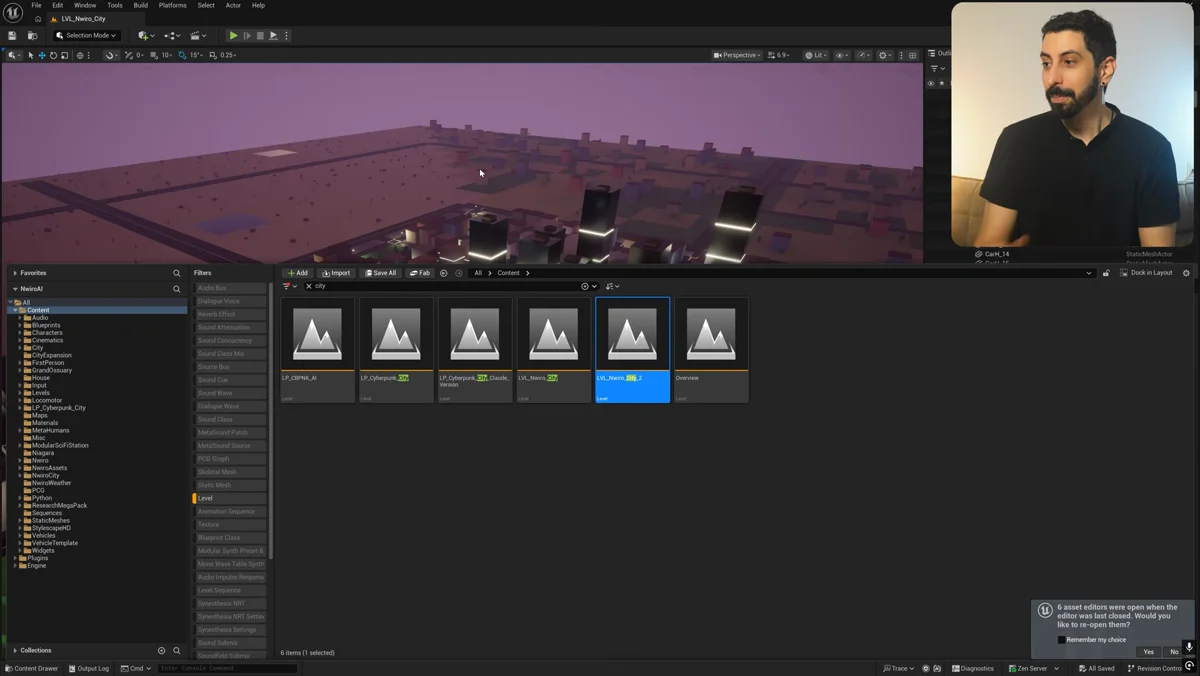 Cidade low-poly criada no Unreal Engine com prédios, ruas e veículos