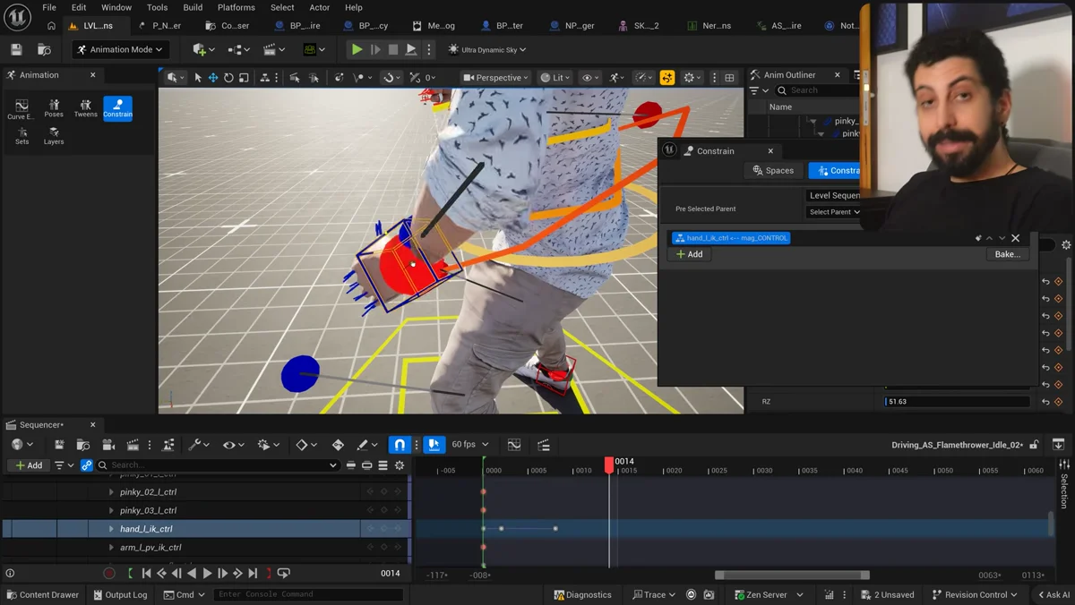 Inimigo em chamas reage ao dano persistente no jogo criado na Unreal Engine