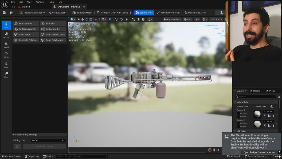 Lança-chamas importado na Unreal Engine durante o ajuste de rig
