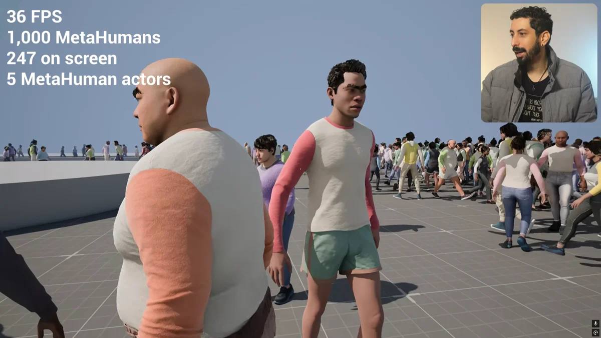 Personagens MetaHuman vistos de perto na demonstração experimental de multidões