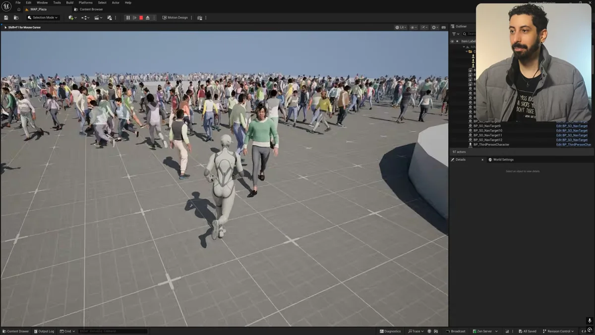 Multidão de MetaHumans circulando em uma demonstração da Unreal Engine 5.8