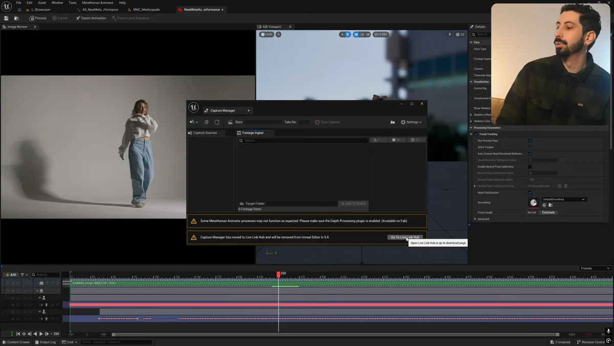 Interface de criação de performance MetaHuman na Unreal Engine