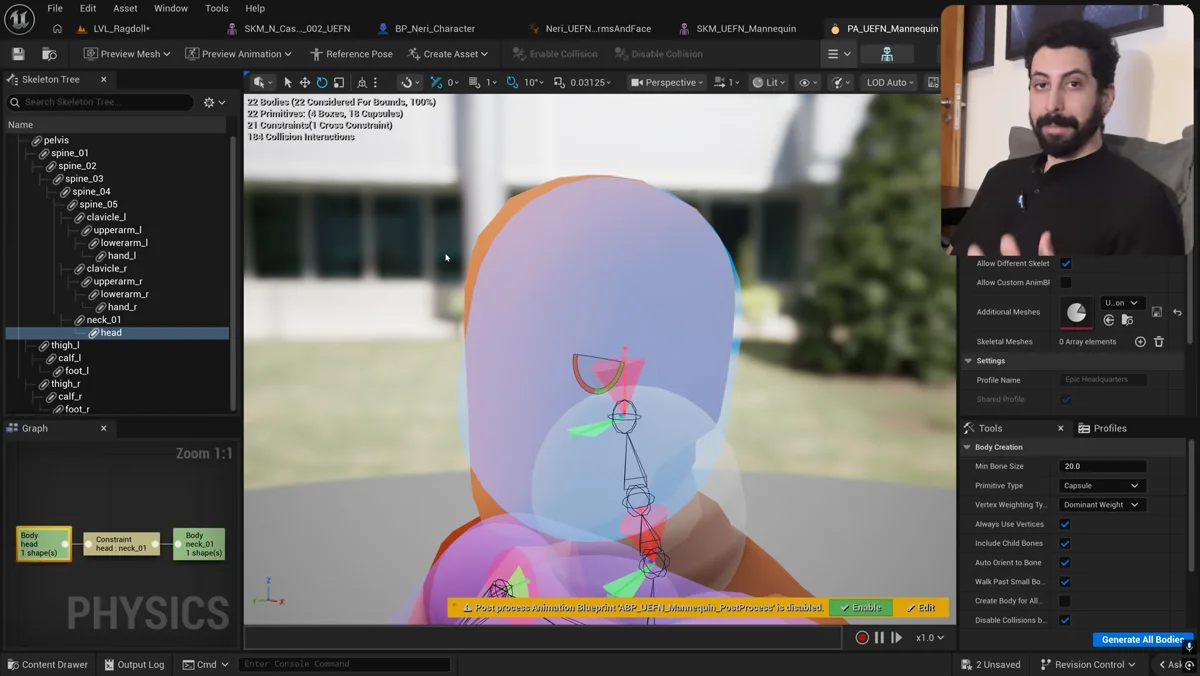 Physics Asset com formas de colisão sobre o esqueleto do personagem