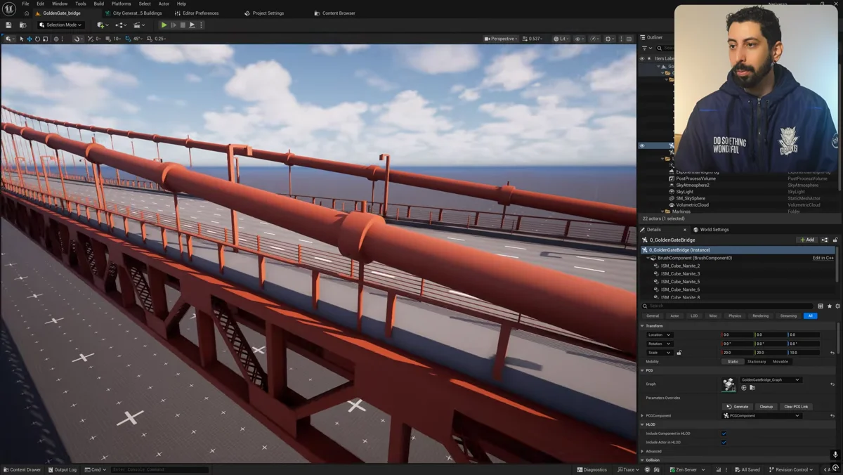 Golden Gate Bridge procedural criada com cubos e cilindros