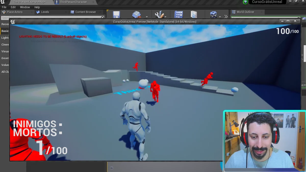 Projétil atingindo inimigos em um teste de jogo na Unreal Engine