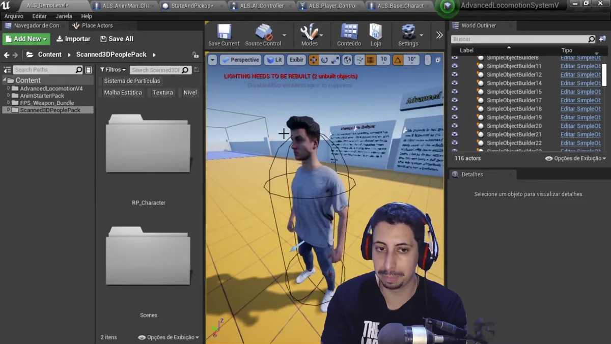 Cena do projeto na Unreal Engine com personagem e sistema de locomoção avançada