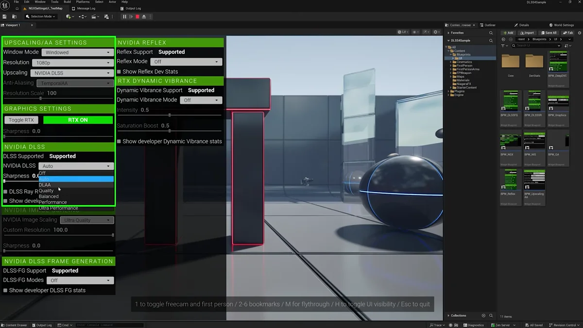 Menu de configuração do plugin DLSS na Unreal Engine