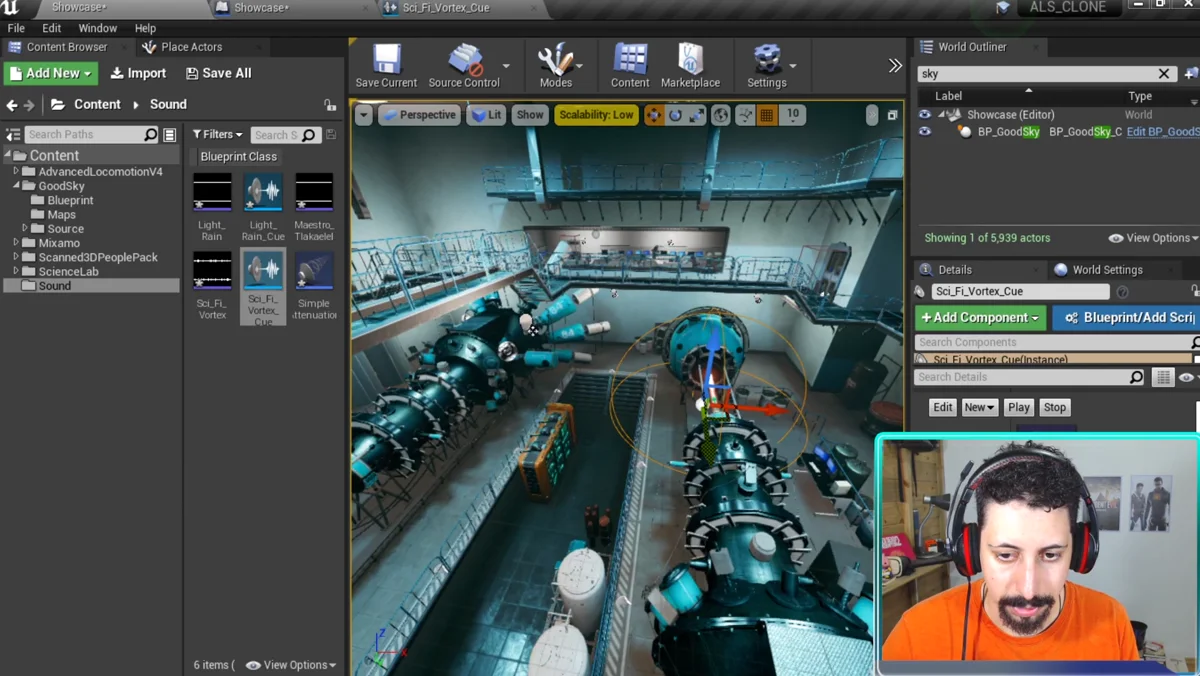 Configuração de som no editor da Unreal Engine para ambientação do cenário