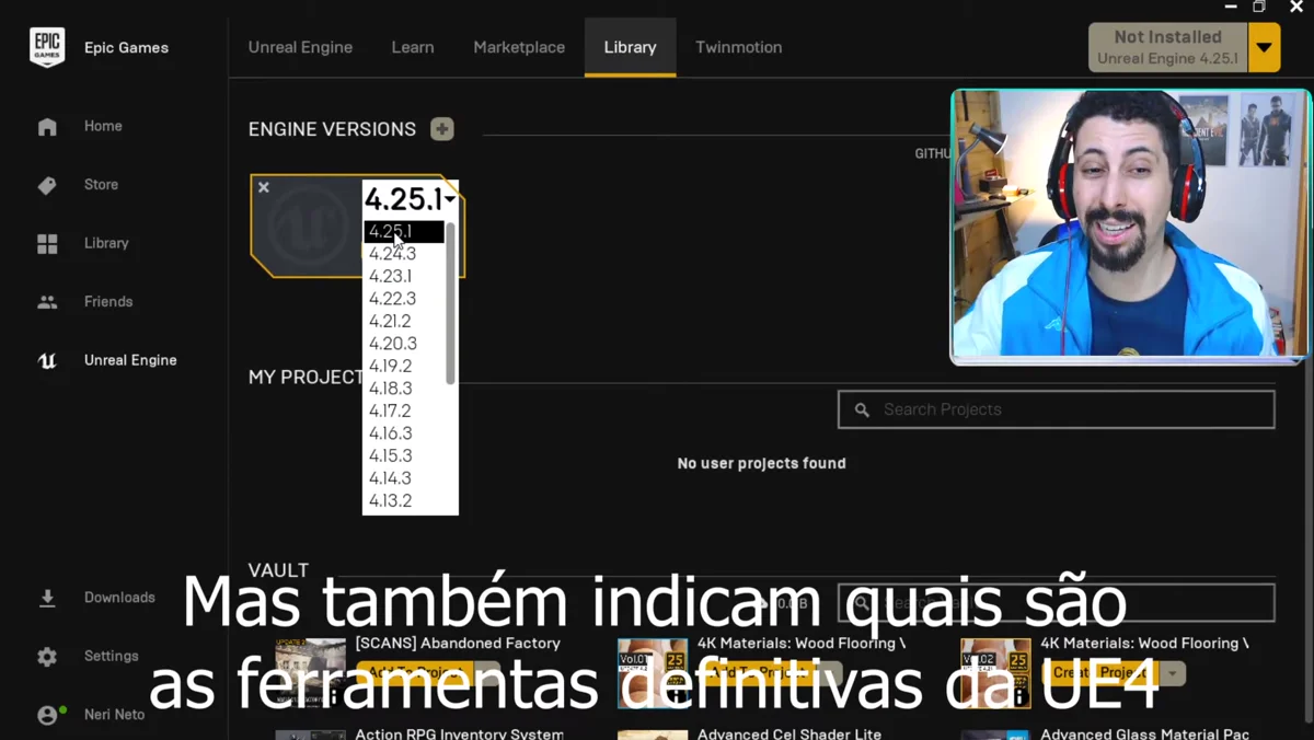 Seleção de versão e opções de instalação da Unreal Engine no launcher