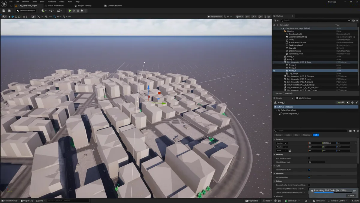 Cidade procedural sendo reorganizada por uma artéria no editor da Unreal Engine
